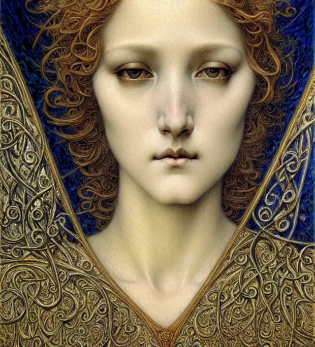 Image similar to detailed realistic beautiful young medieval queen face portrait by jean delville, gustave dore and marco mazzoni, art nouveau, symbolist, visionary, gothic, pre - raphaelite. horizontal symmetry