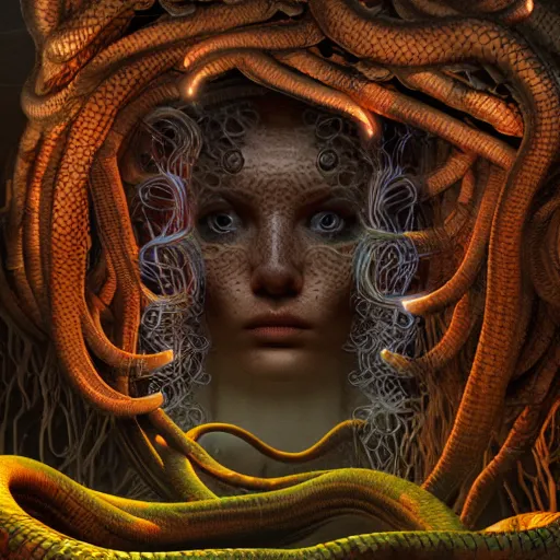 Image similar to beautiful dark medusa gorgon gaze head, highly detailed snakes, beautiful dark creepy landscape, in the style of beeple and mike winkelmann, intricate, epic lighting, cinematic composition, hyper realistic, 8 k resolution, unreal engine 5, raytracing, ultraviolet colors,