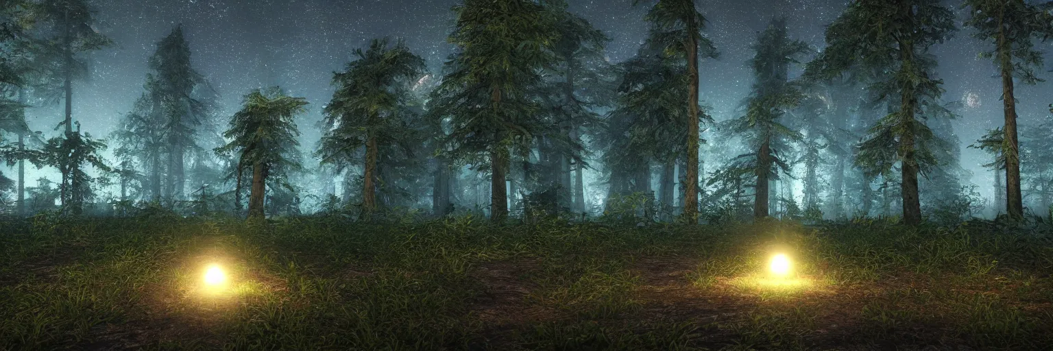 Image similar to forest at night with little bright stars on the floor, 8k, unreal engine, ultra realistic, octane render