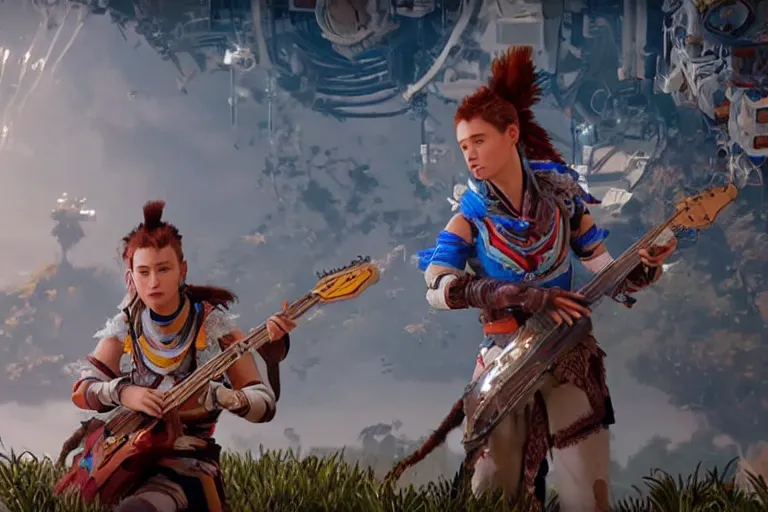 Image similar to cinematic picture of aloy from the horizon zero dawn videogame playing the guitar in the international space station