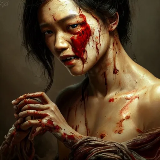 Image similar to portrait painting of a bloodied filipino female butcher, ultra realistic, concept art, intricate details, eerie, highly detailed, photorealistic, octane render, 8 k, unreal engine. art by artgerm and greg rutkowski and alphonse mucha