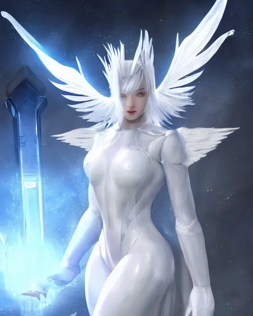 Image similar to perfect white haired alien being with huge white dove wings, warframe armor, beautiful, symmetric, dreamy, half asian, pretty face, blue eyes, detailed, scifi platform, laboratory, experiment, 4 k, ultra realistic, epic lighting, android body, illuminated, cinematic, masterpiece, art by akihito tsukushi, voidstar