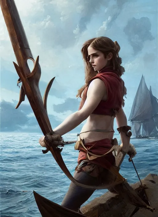 Image similar to hyper realistic photo of medieval beautiful sailor hunter emma watson with a harpoon in her hand, full body, rule of thirds, conceptart, saturated colors, cinematic, greg rutkowski, brom, james gurney, mignola, craig mullins, artstation, cgsociety