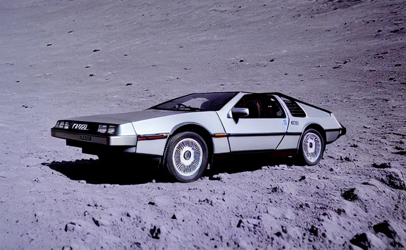 Prompt: a dreamy retro 8 0 s photo of a delorean on the moon, bloomy