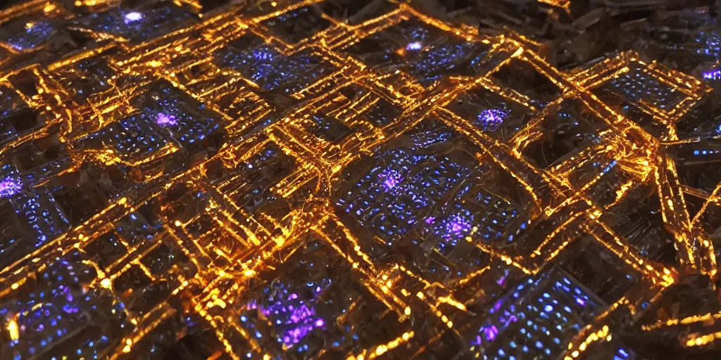 Image similar to 9-track machines made of digital grids and glowing stones with embedded LEDs. amber glowing screens.