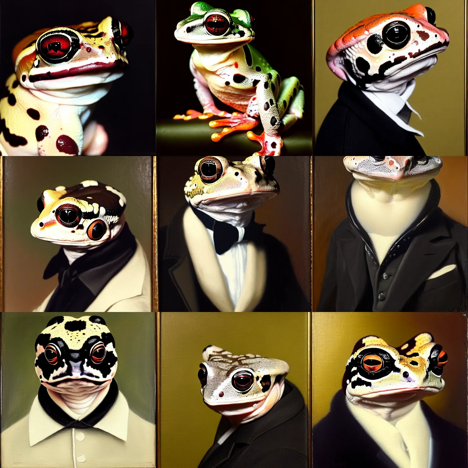 Prompt: a head - and - shoulders portrait of an amazon milk frog looking off camera wearing a black buttoned jacket with a white ascot, an american romanticism painting, a portrait painting, cgsociety, soft focus, oil on canvas