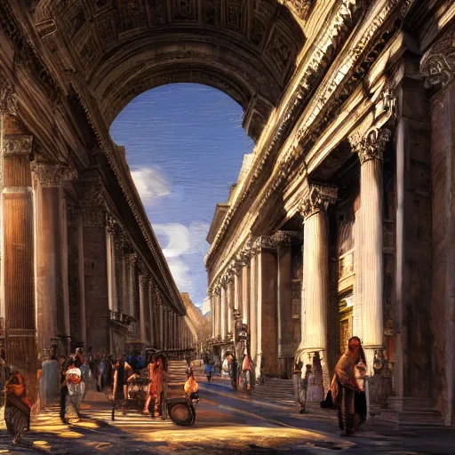 Prompt: an accurate depiction of the city of rome in its prime while people are walking around in the city, highly intricate detailed, light and shadow effects, intricate, highly detailed, digital painting, art station, concept art, smooth, sharp focus, illustration, advanced digital art, atmospheric lighting, detailed face, 8 k, hq