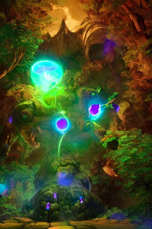 Image similar to arcane fantasy art giant golem elemental wood rock bastion forged gemstone enchanted forest troll, global illumination ray tracing hdr fanart arstation by sung choi and eric pfeiffer and gabriel garza and casper konefal lisa frank zbrush central hardmesh radiating a glowing aura