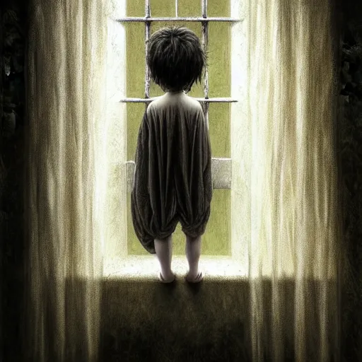 Image similar to Curtain Ghost by Mark Arian, dark, horror, surrealism, horror scene of a child staring outside the window. Screaming for help by Santiago Caruso, Stefan Koidl and Kentaro Miura