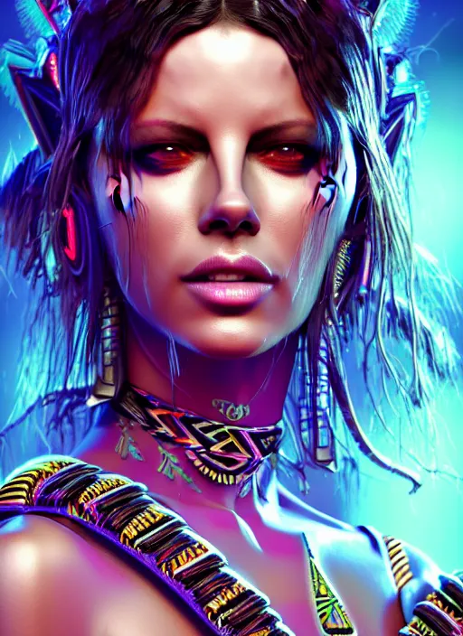 Image similar to hyper detailed ultra sharp aztec underworld warrior trance girl, cute, kate beckinsale. trending on artstation, warpaint aesthetic, earthwave, colorful, neon, ornate, intricate, digital painting, concept art, smooth, sharp focus, illustration, art by artgerm and greg rutkowski and h. r. giger, 8 k