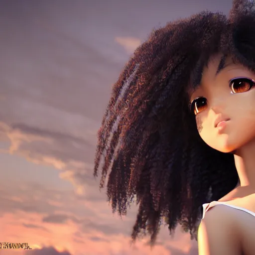 Prompt: a beautiful 3d brown anime girl, brown skin, long black curly hair, Cinematic lighting, anime masterpiece, highly detailed, Trending on artstation, unreal engine 4k, Cinematic wallpaper