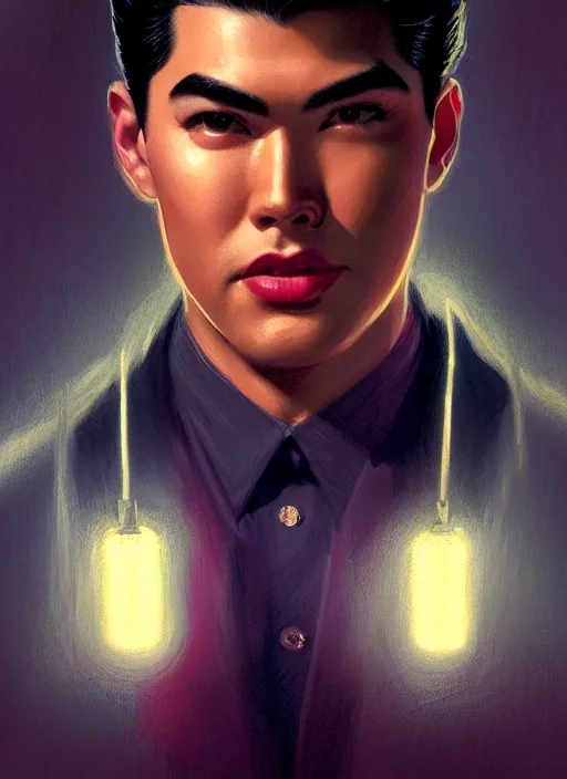 Image similar to portrait of reggie mantle, mean smirk, egotistical, slicked back hair, 1 9 5 0 s, intricate, elegant, glowing lights, highly detailed, digital painting, artstation, concept art, smooth, sharp focus, illustration, art by wlop, mars ravelo and greg rutkowski