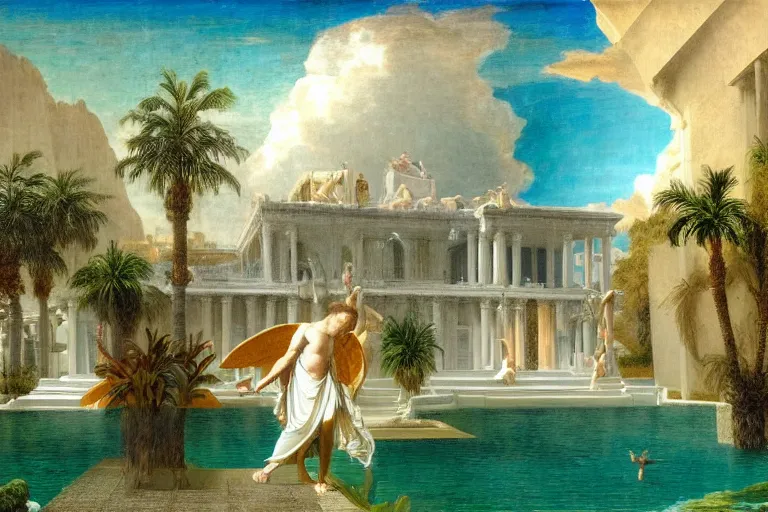 Image similar to Palace floating in heaven, 1km tall, thunderstorm, greek pool, beach and palm trees under the palace, major arcana sky, by paul delaroche, hyperrealistic 4k uhd, award-winning very detailed, heaven paradise