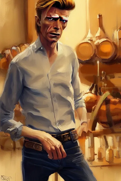 Image similar to david bowie 1 9 7 3 working in a winery, animation pixar style, by magali villeneuve, artgerm, jeremy lipkin and michael garmash, rob rey and kentaro miura style, golden ratio, trending on art station