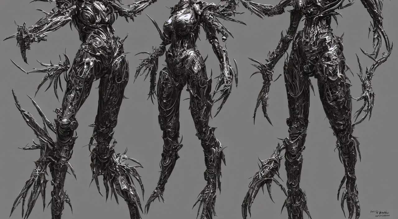 Prompt: symmetrical character design, a full - body female insect queen size creature with bio armor from guyver the bioboosted armor, elegant shape, cyborg, translucence armor, prefect face, elite, horror, ominous, cinematic, concept design, matt painting, insanely intricate and detailed, cgsociety, hyperrealistic, darksouls, bloodborne, ross tran.
