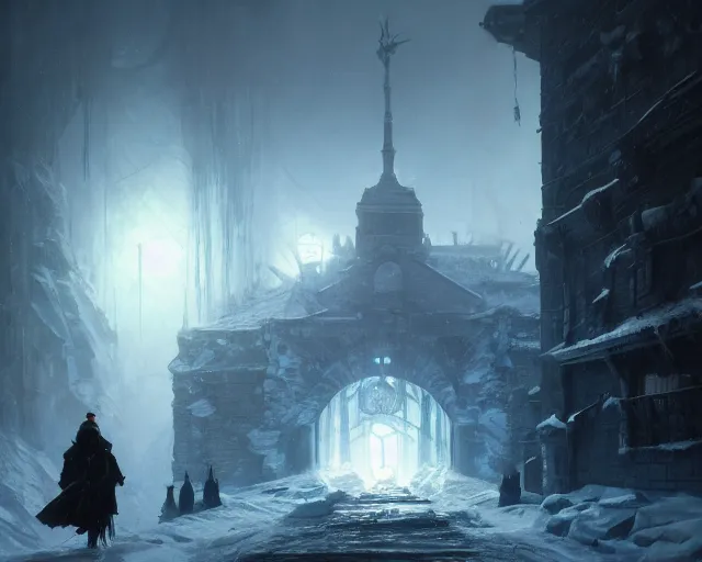 Prompt: frostpunk president of poland opens a dark portal. fantasy art by greg rutkowski, gustave courbet, rosa bonheur, edward hopper. faithfully depicted architecture, realistic, sharp focus, global illumination, radiant light, detailed and intricate environment, trending on artstation