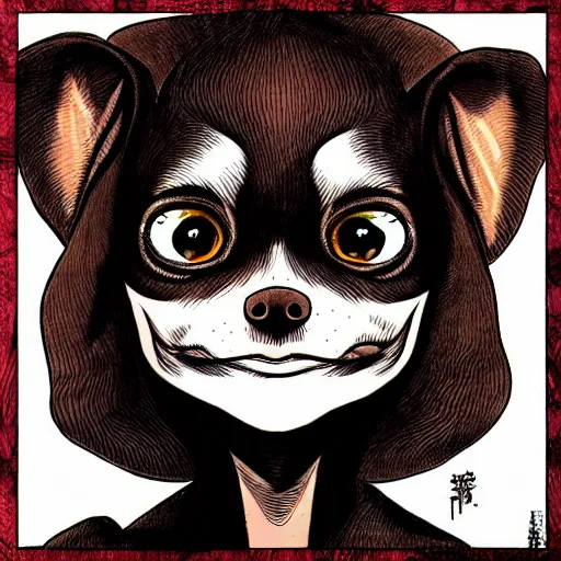 Image similar to a dark brown chihuahua, hyper detailed, in the style of junji ito and berserk, selfie