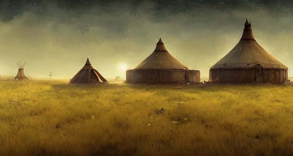 Image similar to night, stars shining, a yurt, in the steppe, summer field, misty background, in background a rusty building construction of spiral upside - down stairs!!, from the game pathologic 2, highly detailed, sharp focus, matte painting, by isaac levitan and asher brown durand,