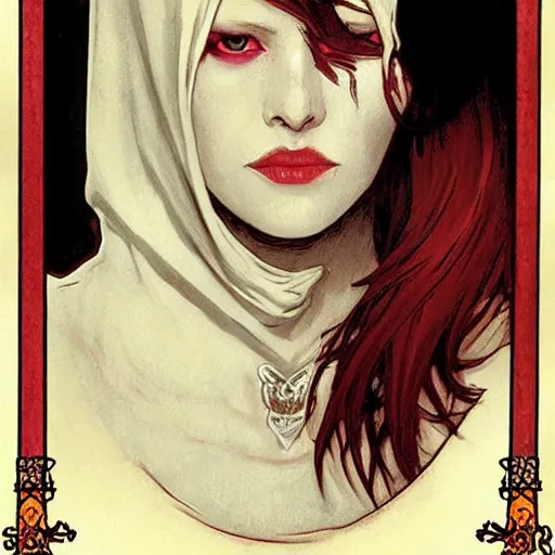 Prompt: DND character, portrait of a woman with short-length red hair wearing white skull facepaint and sunglasses and a hooded black cloak, video game art, trending on artstation, Gerald Brom, Alphonse Mucha