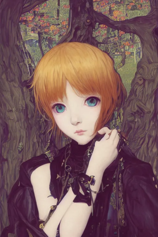 Image similar to portrait of beautiful young gothic anime maiden, cute-fine-face, pretty face, realistic shaded Perfect face, fine details. Anime, cyberpunk, Warhammer, highly detailed, artstation, illustration, art by Ilya Kuvshinov and Gustav Klimt and Gustav Klimt and Gustav Klimt and Gustav Klimt and Gustav Klimt and Gustav Klimt