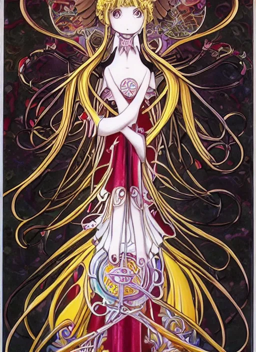 Prompt: intricately beautiful designed clow cards, Madoka Magica, high detail, painting, by CLAMP, in the style of Akiyuki Shinbo