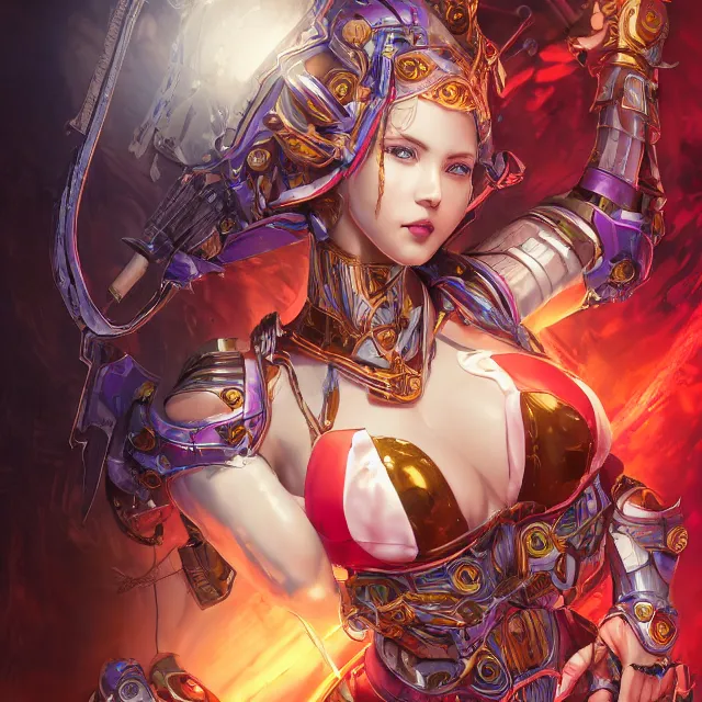 Image similar to studio portrait of lawful good colorful female holy mecha paladin absurdly beautiful, elegant, young skinny bikini model, ultrafine hyperrealistic detailed face illustration by kim jung gi, irakli nadar, intricate linework, sharp focus, bright colors, matte, octopath traveler, final fantasy, unreal engine highly rendered, global illumination, radiant light, intricate environment