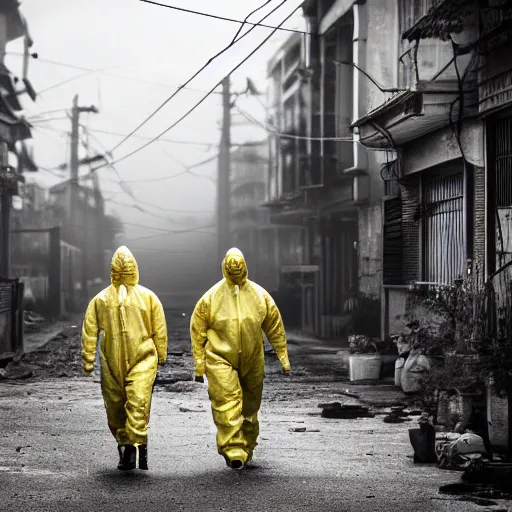 Image similar to a family wearing a hazmat suits on a post-war era street, walking away from the camera, dark smoke in the background, filthy streets, broken cars. Vines growing. Jpeg artifacts. Award-winning photo. Samyang/Rokinon Xeen 50mm T1.5