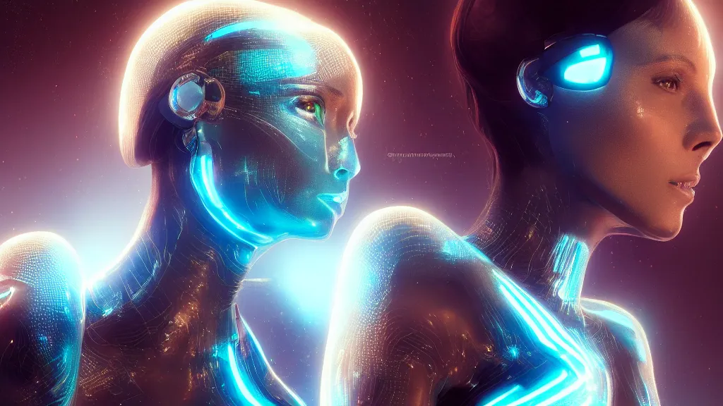 Prompt: portrait of a beautiful bioengineered female wearing a luminescent bodysuit, Tron environment, omnious ruins, elegant, god ray, reflections, focus, detailed, realistic eyes, horizontal partial symmetry features proportions, intricate facial skin details, award winning, trending in cgsociety artstation deviant art, octane render