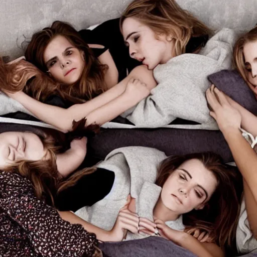 Image similar to emma watson and her friends sleeping in a bunch of cozy beds