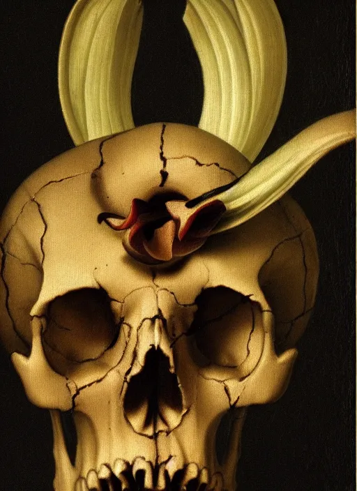 Prompt: renaissance painting of a skull - shaped orchid on a black background, high quality, no blur, 4 k