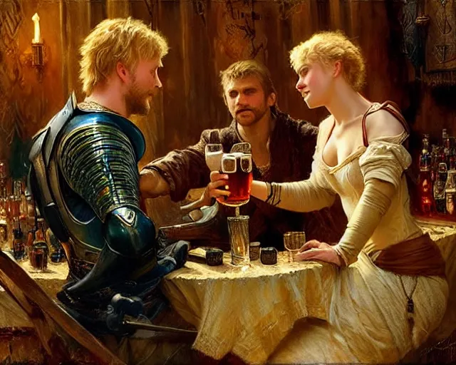 Image similar to attractive arthur pendragon and attractive lancelot go to a pub together to have some drinks. highly detailed painting by gaston bussiere, craig mullins, j. c. leyendecker 8 k