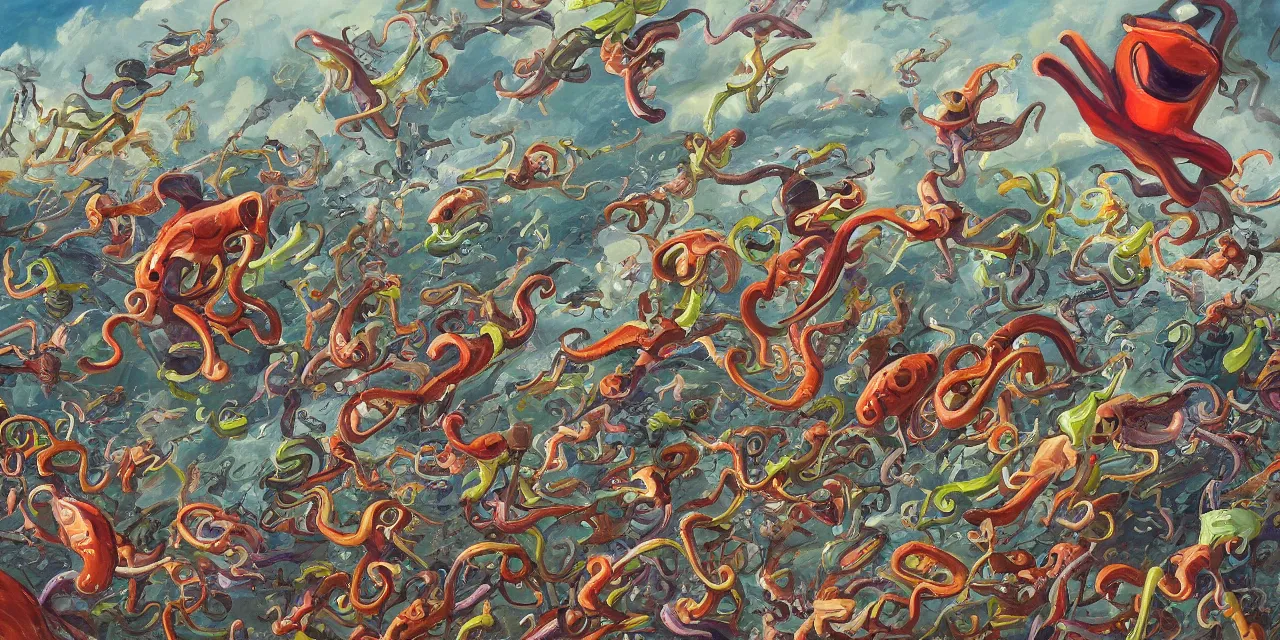 Image similar to flying cephalopods racing towards a crowd of excited humans, race theme future oil on canvas