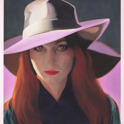 Prompt: portrait of a woman with ( horns ) that peek out of her hat, by alex ross.