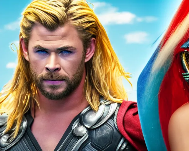 Image similar to Chris Hemsworth thor as a drag queen makeup, gay parade background, cinematic shot, 8k resolution, hyper detailed