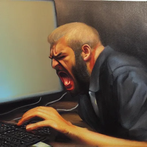 Image similar to an angry man yells at his computer monitor, oil on canvas, highly detailed, high resolution