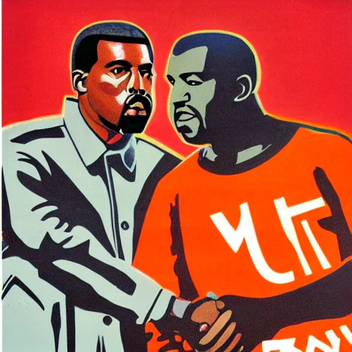 Prompt: a majestic soviet propaganda poster of kanye west shaking hands with lenin