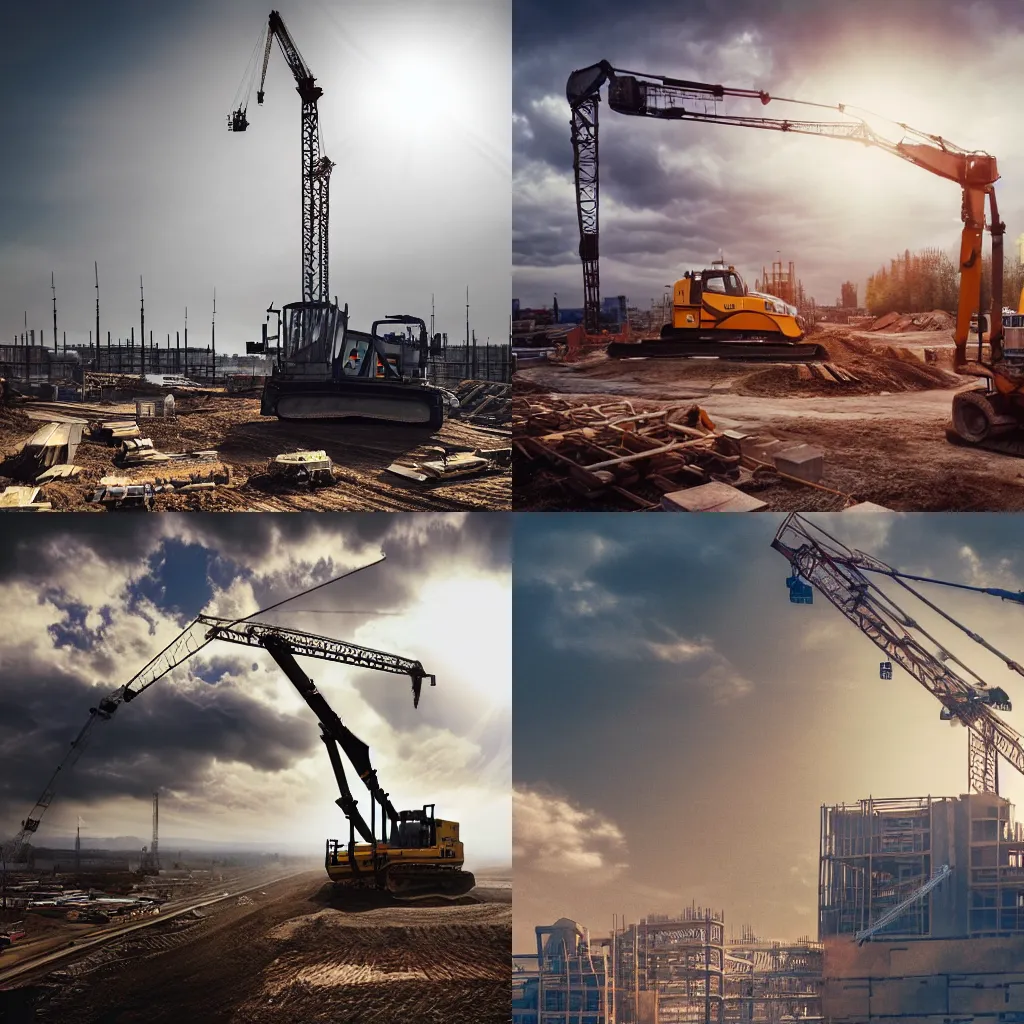 Prompt: a construction site with a bulldozer and a crane, a matte painting by schelte a bolswert, trending on unsplash, arbeitsrat fa ¼ r kunst, volumetric lighting, anamorphic lens flare, high dynamic range