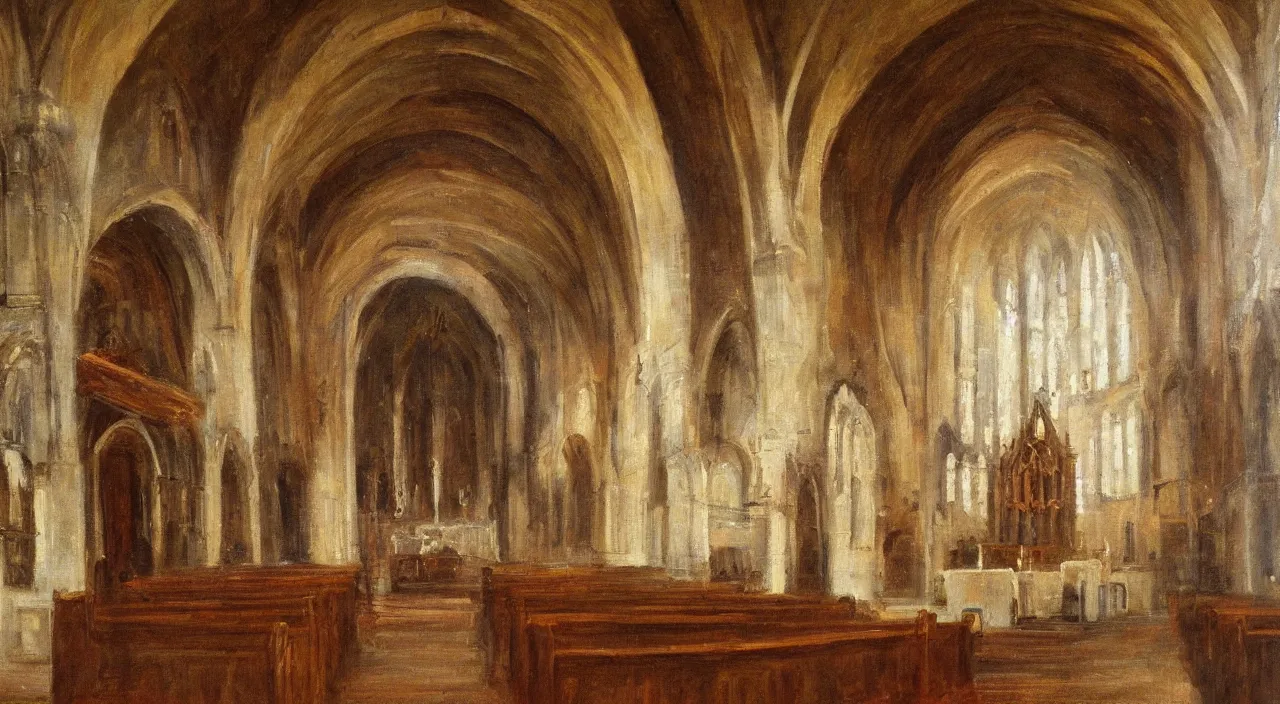 Prompt: Inside of a church, oil painting,