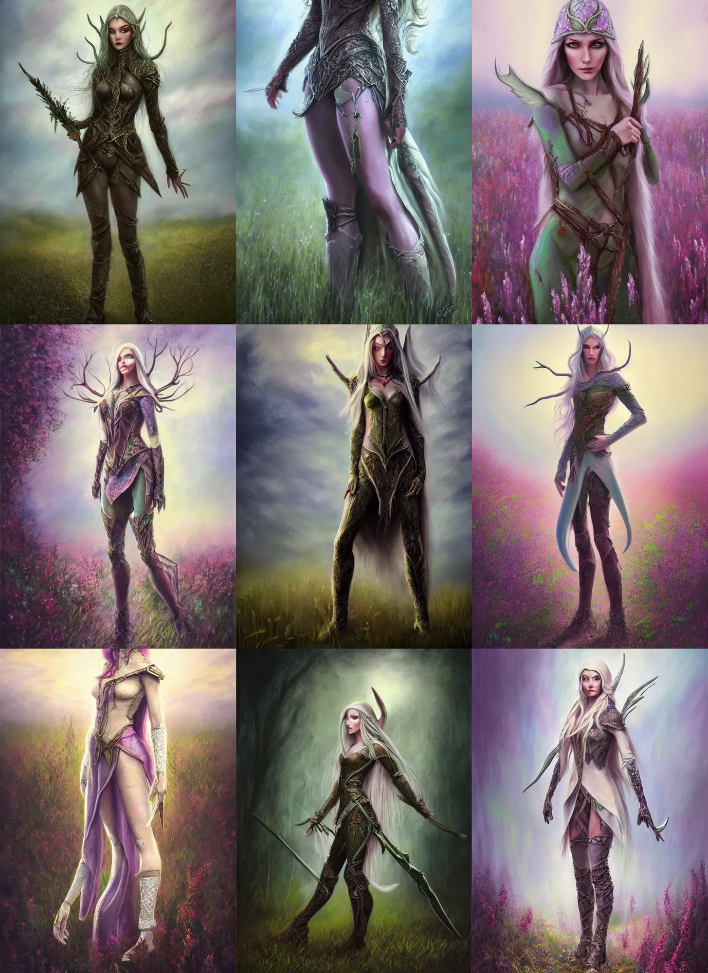 Image similar to a soft focus pastel canvas painting of beautiful full body concept art, beautiful face, elven female rogue wearing full intricate clothing standing in a field, dystopian, HDR, micro detail