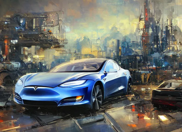 Image similar to Tesla Company, concept art oil painting by Jama Jurabaev and John Berkey, extremely detailed, brush hard, artstation