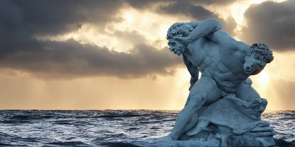 Image similar to a photograph of a marble Poseidon statue emerging from a stormy sea at sunset, photo-realistic, very beautiful, ultra-detailed, 4k