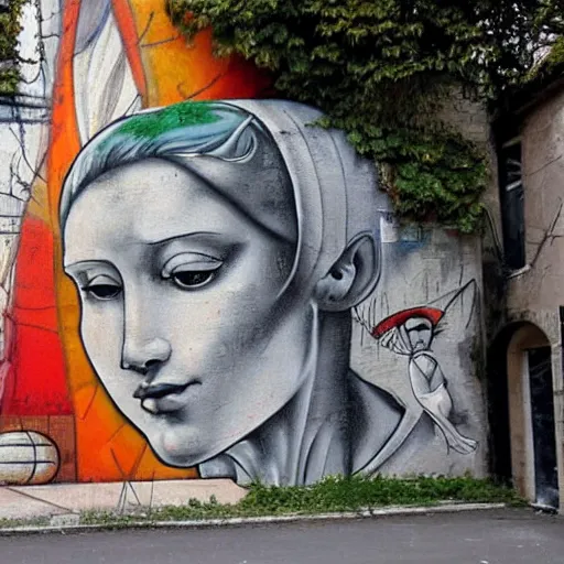 Prompt: street art, a beautiful graffiti by michelangelo di lodovico buonarroti simoni