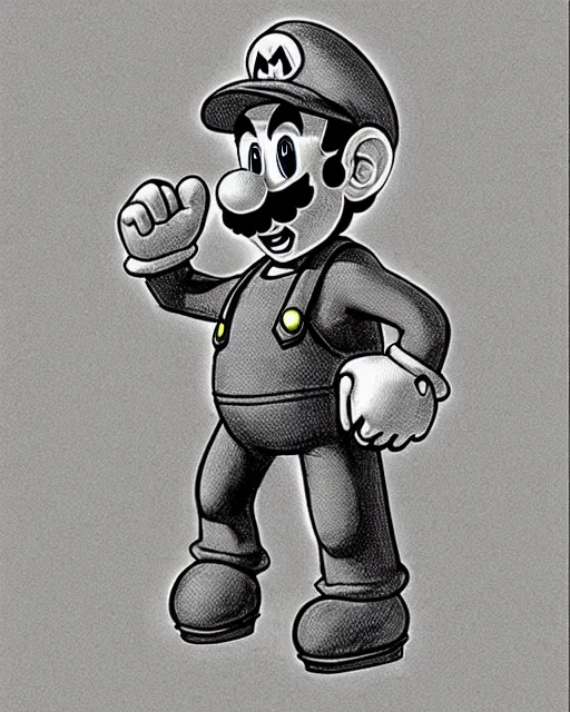 Image similar to super mario on the stand, court room sketch, fine details, concept art, extremely detailed, black and white, very sharp, in the style of elizabeth williams