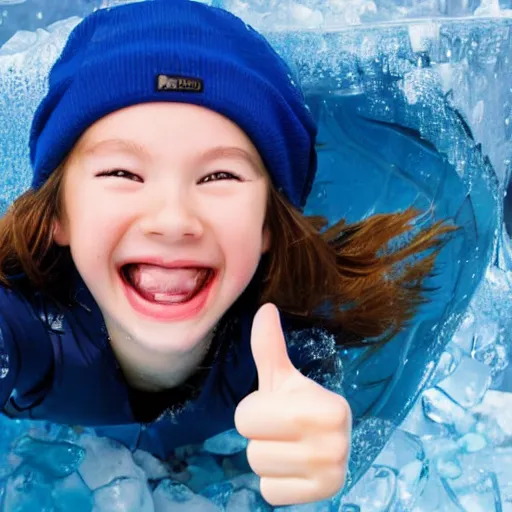 Prompt: photo of a girl trapped under ice, smiling and giving a thumbs up