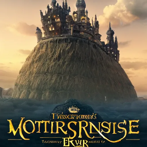 Image similar to large fantasy victorian castle rising from the top of a giant moving tortoise standing on all four legs, towering over a harsh barren sandy wasteland, distant shot angled slightly up, fantasy, hyper detailed, 4 k, howls moving castle, mortal engines, kaiju,