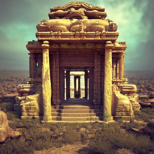 Image similar to ancient temple carved in opal, desolate and lush landscape, moody, :: by Jeff Koons, Dan McPharlin Daniel Merrian :: ornate, dynamic, particulate, rich colors, intricate, elegant, highly detailed, centered, artstation, smooth, sharp focus, octane render, 3d