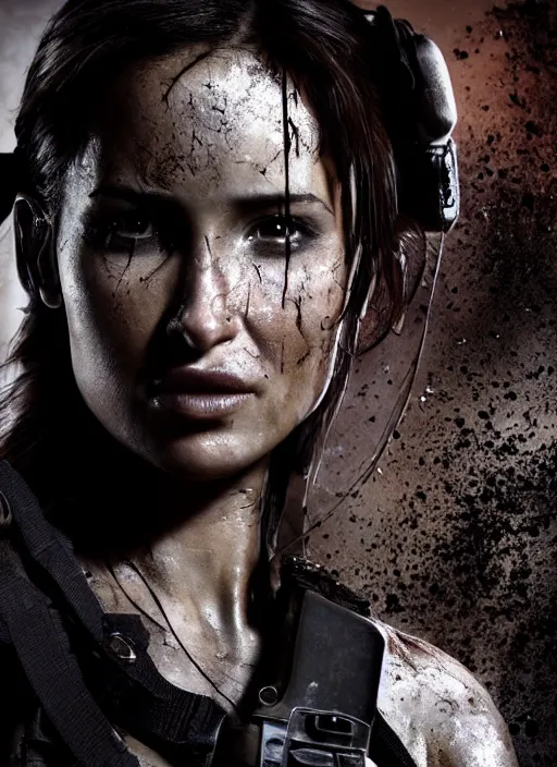 Image similar to a studio photography, film still of lara croft as cop, her face muddy and sweat, direct sun light, close up potrait, cinematic,