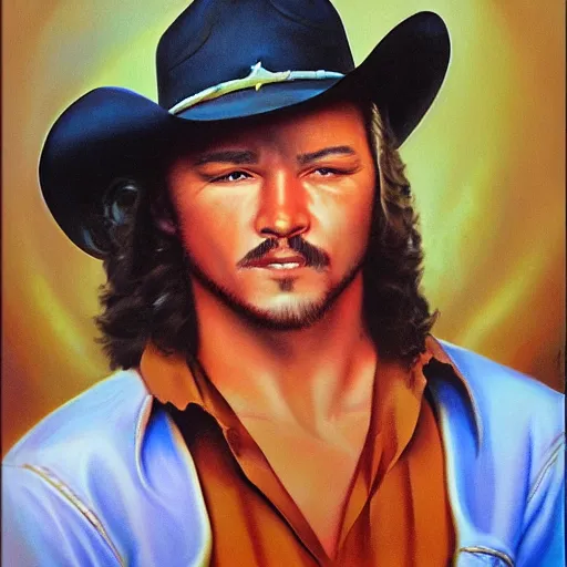 Image similar to portrait of Morgan Wallen cowboy artwork by boris vallejo