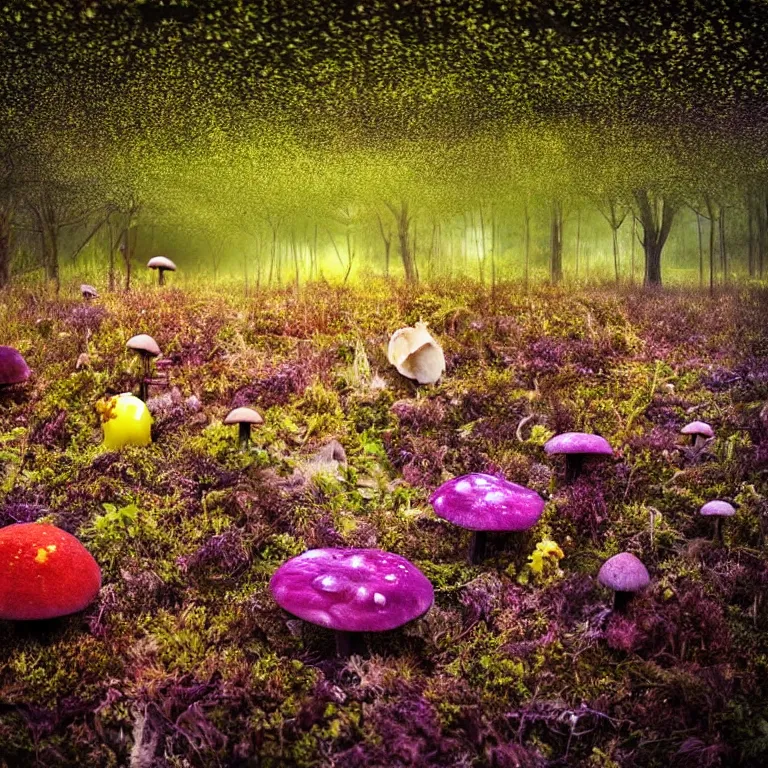 Image similar to a planet of various fungus, mushrooms, flowers and plants, inside the picture is infinity, Atmospheric, artistic photography, conceptual, long exposure outside the city, volumetric light