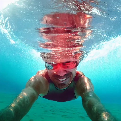 Prompt: underwater selfie from a brown haired male lifeguard. Eddie Mendoza.